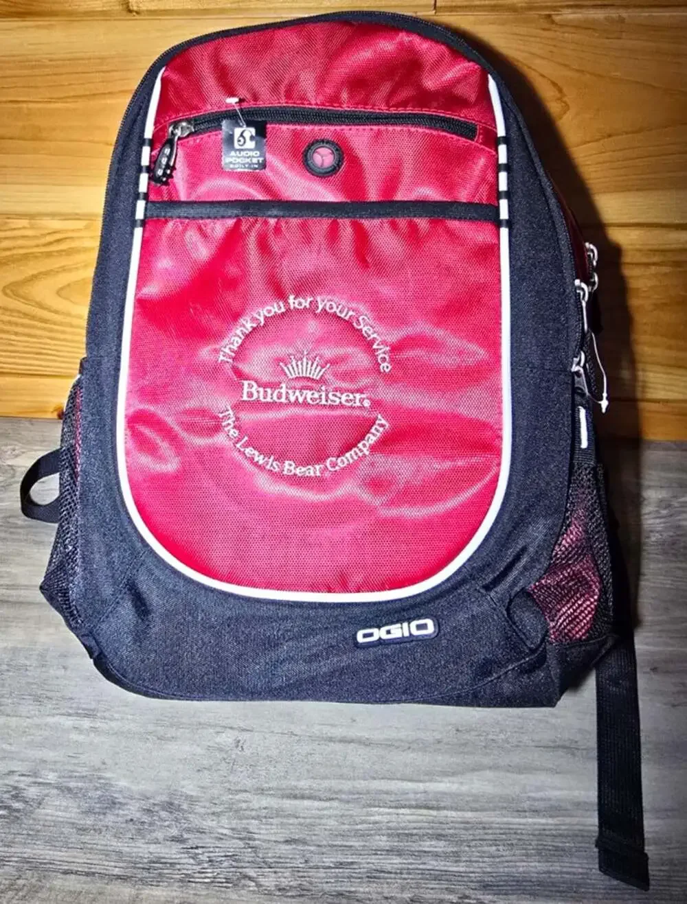 OGIO Budweiser Red/Black Backpack Zip Padded Adjustable Strap Audio Pocket